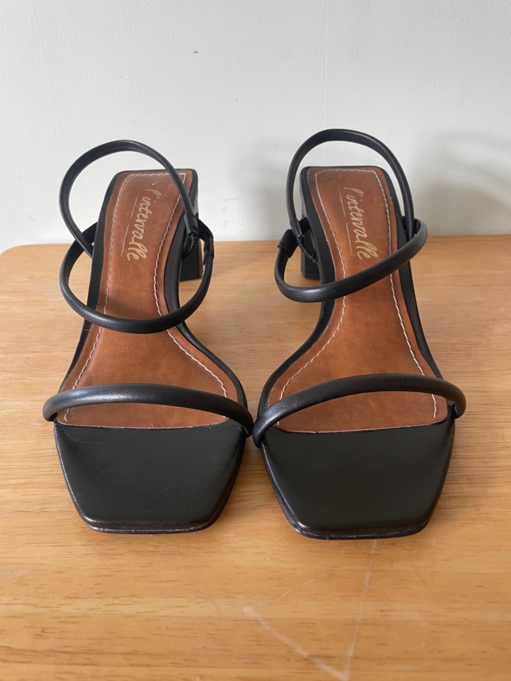 L'INTERVALLE Black Leather Sandals Strappy Square-Toe Block Heels, Size 8 - Picture 7 of 10